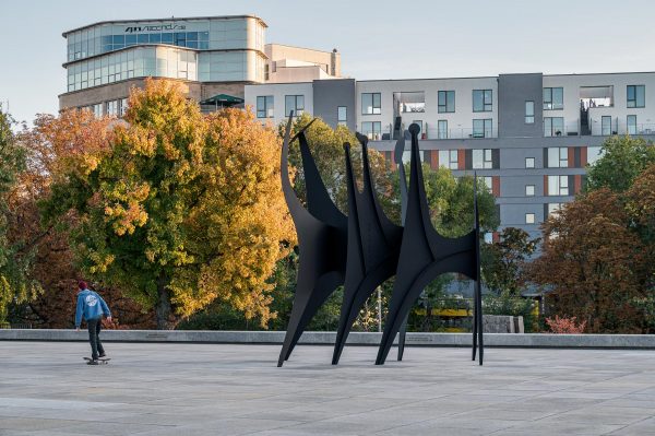 Skater an der Neuen Nationalgalerie neben einer Calder-Skulptur